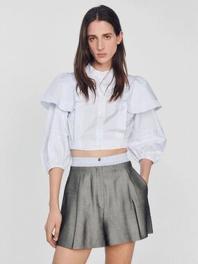 Sandro Light Blue Striped Cropped Puff-Sleeve Top